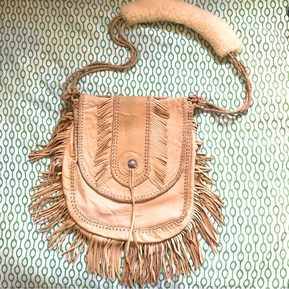 Mealey’s Pitic Leather Suede & Silver Fringe Hobo Bag with shearling wool strap